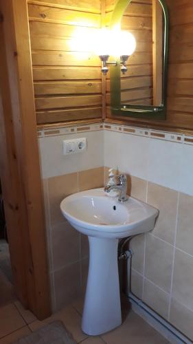 a bathroom with a white sink and a light at У Тарнавских in Mykulychyn