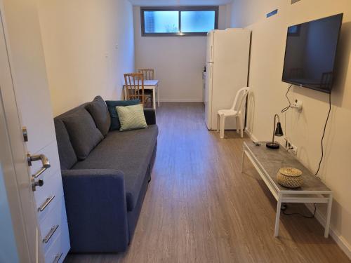 a living room with a blue couch and a tv at Charming modern country unit for rent in Tarum