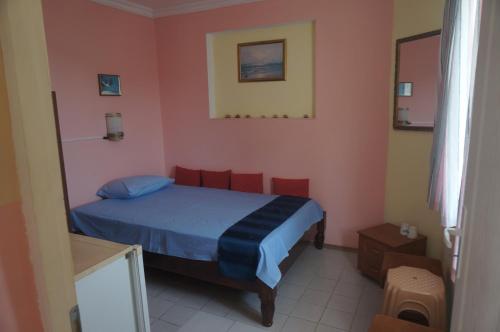 a small bedroom with a blue bed and pink walls at Lenny in Kranevo