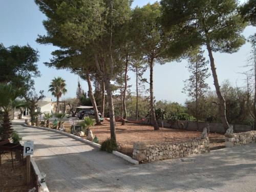 a road with trees and a stone wall at Giardino dei Baroni house in Marina di Mancaversa