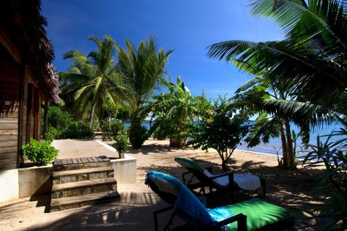 a beach with chairs and palm trees and a house at Anjiamarango Beach Resort in Nosy Be