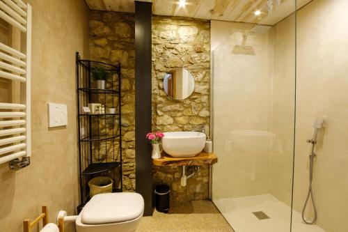 a bathroom with a toilet and a glass shower at Podere Campriano Winery Adult only in Greve in Chianti
