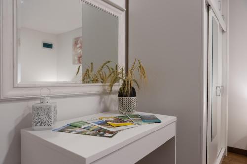 a white shelf with a potted plant and a mirror at Apartments Travel in Otočac