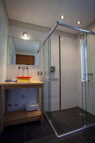 a bathroom with a glass shower and a sink at Origen de la Bahia in Villa La Angostura