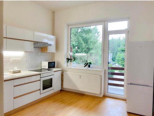 a kitchen with white appliances and a large window at Apartmán Linda Slapy- Ždáň in Slapy