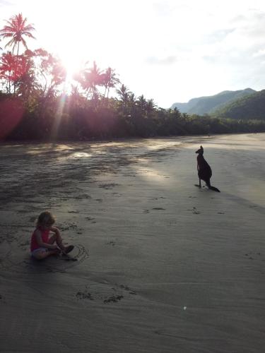 a girl and a cat sitting on the beach at Seaforth Holiday Units in Seaforth