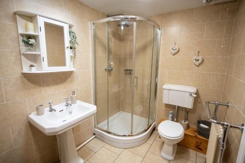 a bathroom with a shower and a toilet and a sink at The Coach House in Martin