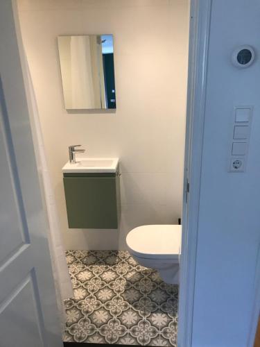 een badkamer met een toilet, een wastafel en een spiegel bij De Haarlemse Logeerkamer in Haarlem