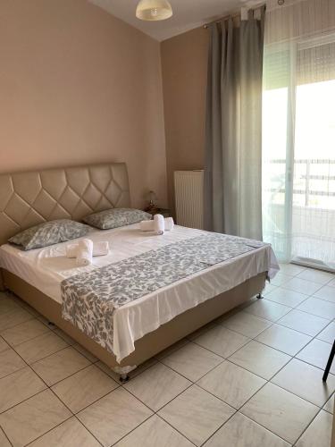 a bedroom with a bed and a large window at Dimitra Apartments in Keramoti
