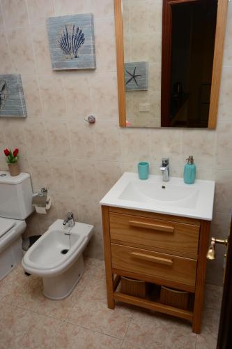 a bathroom with a sink and a toilet and a mirror at Vacacional Candelaria la Sardina in Candelaria