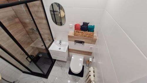 a bathroom with a shower and a toilet and a sink at Apartament Gdańsk Stogi plaża centrum 2024 in Gdańsk