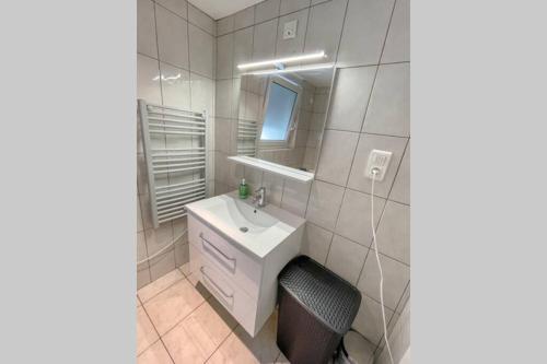 une salle de bain blanche avec un lavabo et un miroir dans l'établissement Maisonnette Le Faubourg - CENTRE VILLE, TERRASSE ET NETFLIX, à Belfort