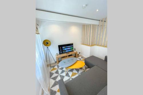 a living room with a couch and a television at Maisonnette Le Faubourg - CENTRE VILLE, TERRASSE ET NETFLIX in Belfort