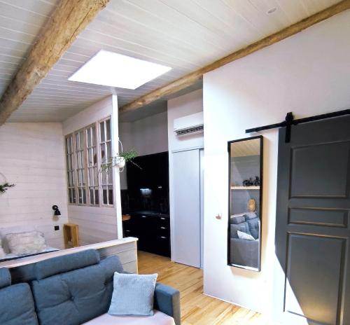 un salon avec un canapé bleu et un miroir dans l'établissement Appartement Lila, à Carcassonne