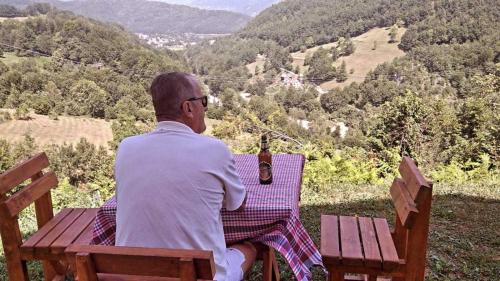 a man sitting on a bench with a bottle of wine at Etno selo ŽURIĆ in Mojkovac