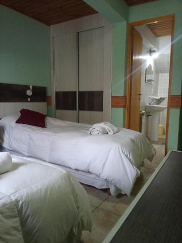 a bedroom with two beds and a mirror at Departamentos Paisaje del Beagle in Ushuaia