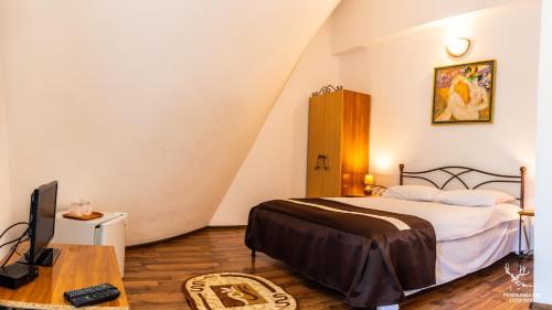 a bedroom with a bed and a desk and a tv at Pensiunea LIN COTA 1000 in Sinaia