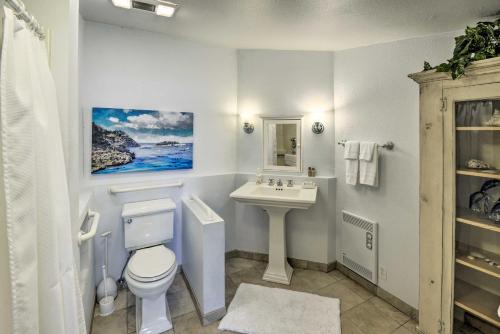 a bathroom with a white toilet and a sink at Historic Belfair Cabin Abode on the Hood Canal! in Belfair