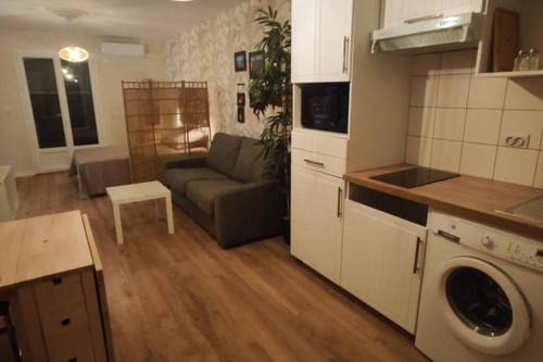 une cuisine et un salon avec un canapé et une table dans l'établissement Trés beau studio 35 M2 Entre Mer et Forêt grand jardin et douche tropicale, à La Seyne-sur-Mer