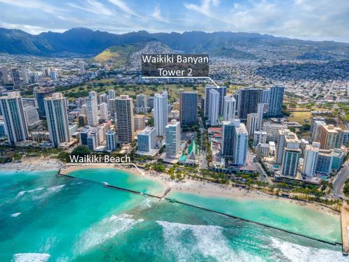 an aerial view of waikiki banyan tower and waikiki beach at Mountain View Condo Near Beach with Free Parking! in Honolulu