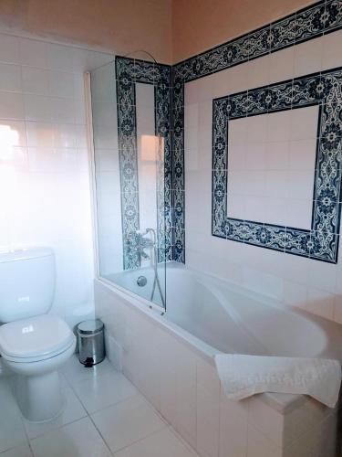 a bathroom with a tub and a toilet and a mirror at Casa do Cerrado in Agunchos