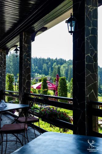 a view from the porch of a restaurant with tables and chairs at Pensiunea LIN COTA 1000 in Sinaia