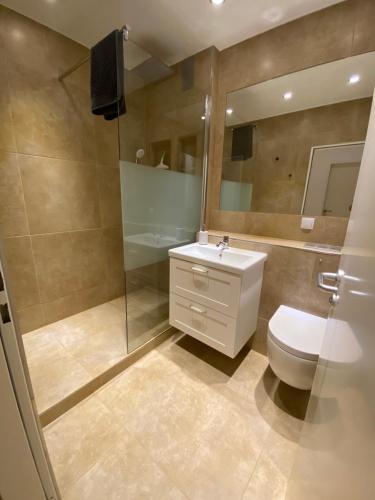a bathroom with a toilet and a shower and a sink at Duisburg von oben 3,5 Zimmer 8.OG frisch saniert in Duisburg