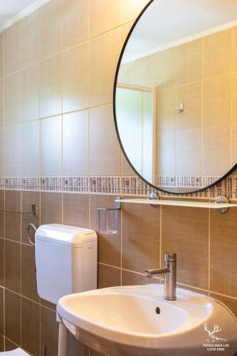 a bathroom with a sink and a mirror at Pensiunea LIN COTA 1000 in Sinaia