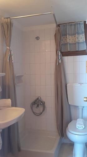 a bathroom with a shower and a toilet and a sink at Villa Mare in Myrtos