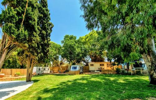 a yard with trees and a fence at Glamping Beit Yanai in Bet Yannay