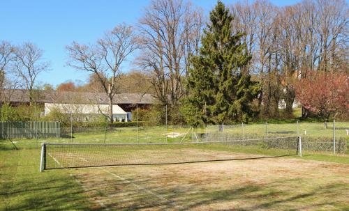 a tennis court with a net in a field at Kokkedal Slotshotel in Brovst