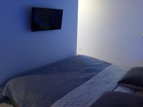 Un dormitorio con una cama con un televisor en la pared. en Słoneczne Planty, en Zamość