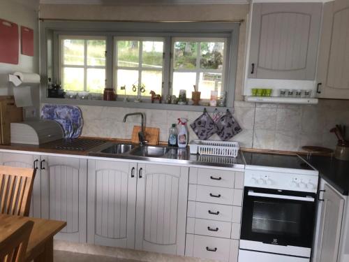 a kitchen with white cabinets and a sink and two windows at Joarsbo, Stuga 1, Sjölyckan in Kalv