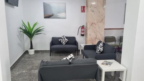 a waiting room with couches and a potted plant at Hostal Nerjasol in Nerja