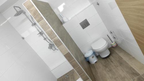 a white bathroom with a toilet and a shower at Villa TEMA in Ohrid