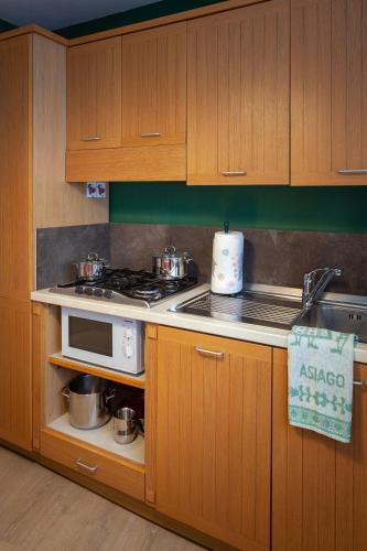 a kitchen with wooden cabinets and a stove top oven at Il Fauno in Asiago