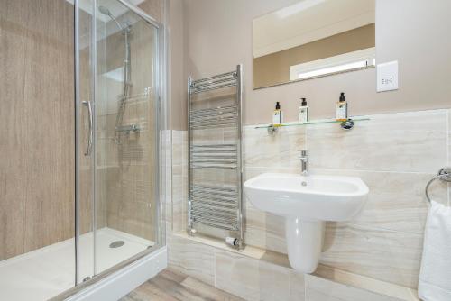 Abercych的住宿－馬頭城酒店，一间带水槽和淋浴的浴室