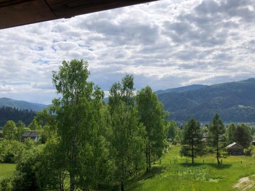 een uitzicht op een veld met bomen en bergen bij Вілла Зозуля in Mykulychyn