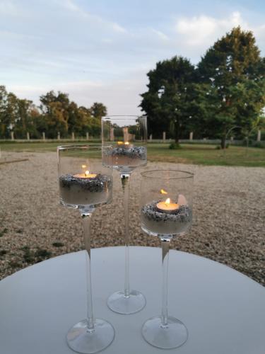 three wine glasses with candles sitting on a table at Tenuta San Giorgio in Serravalle Scrivia