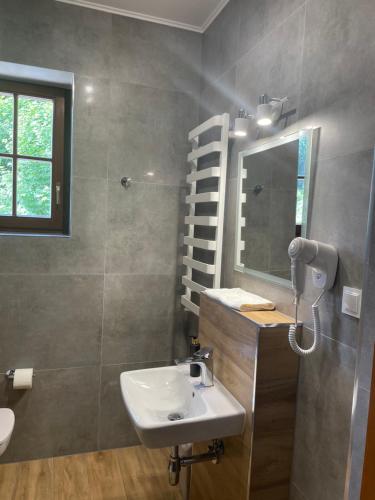 een badkamer met een wastafel, een spiegel en een douche bij Apollo & SPA Karpacz in Karpacz