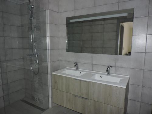 une salle de bain avec un lavabo et une douche dans l'établissement appartement avec balcon terrasse plein sud proche lac et centre ville wifi, à Gérardmer