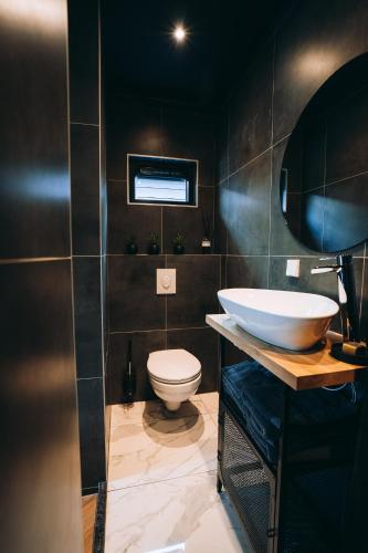 a bathroom with a sink and a toilet at B&B Bardot in Purmerend