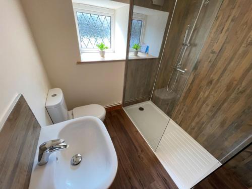 a bathroom with a sink and a shower and a toilet at Foxhunter Cottage in Whitby
