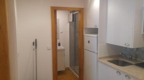 una piccola cucina con frigorifero e lavandino di Lisbon Rossio Typical Apartments a Lisbona