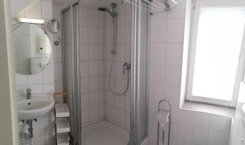 y baño con ducha y lavamanos. en Kaiserliches Postamt Cobern en Kobern-Gondorf