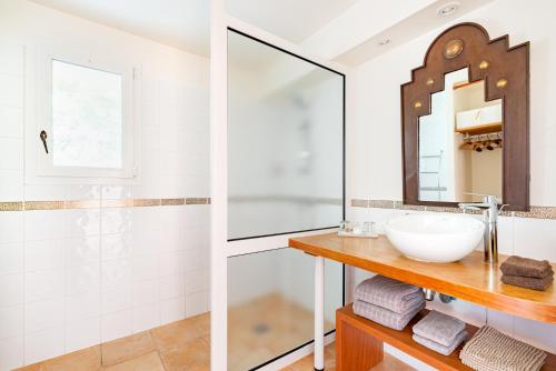 a bathroom with a sink and a mirror at La Petite Aiguebonne in Allex