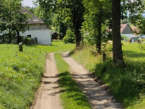 a dirt road in the middle of a field at Chalupa v Okrouhlé Radouni in Okrouhlá Radouň