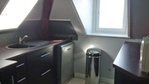 une petite cuisine avec un évier et un évier dans l'établissement Appartement Autour de la Rose, à Honfleur