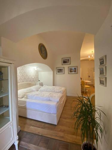 a bedroom with a large white bed in a room at Apartmány u sv. Michaela in Kadaň