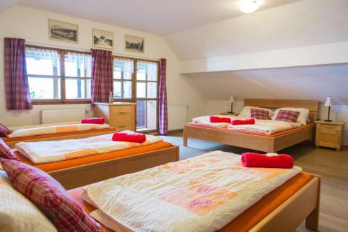 a bedroom with three beds in a room at Penzion U Zlomené lyže in Železná Ruda